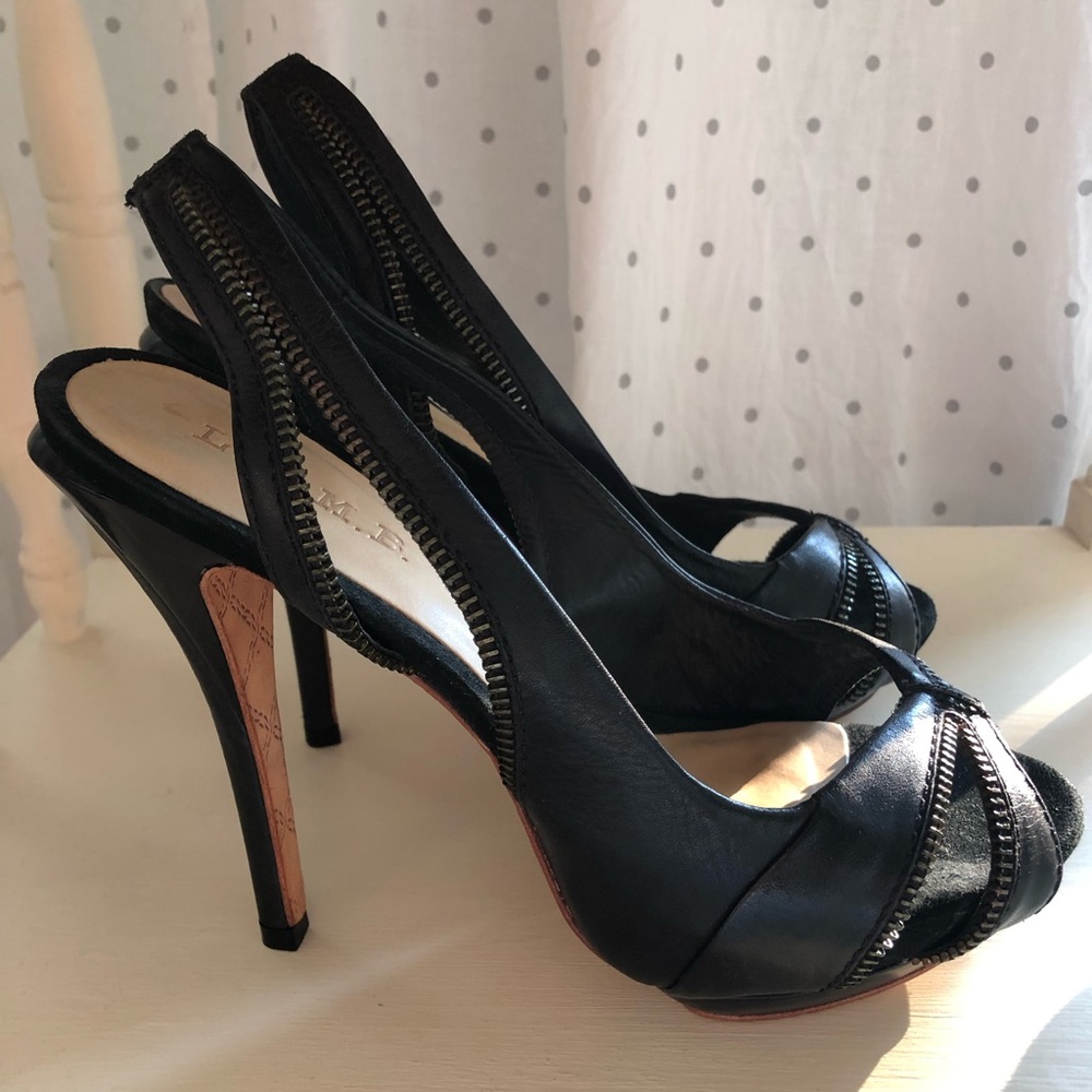 L.A.M.B. leather slingback peep-toe stilettos